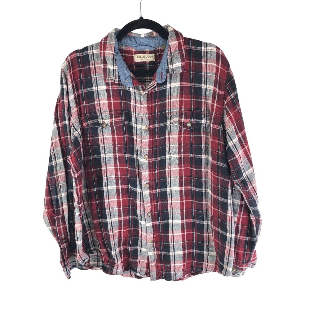 Tallwoods Bruno Milano Mens Flannel Shirt Button Down Plaid Pockets Red XL